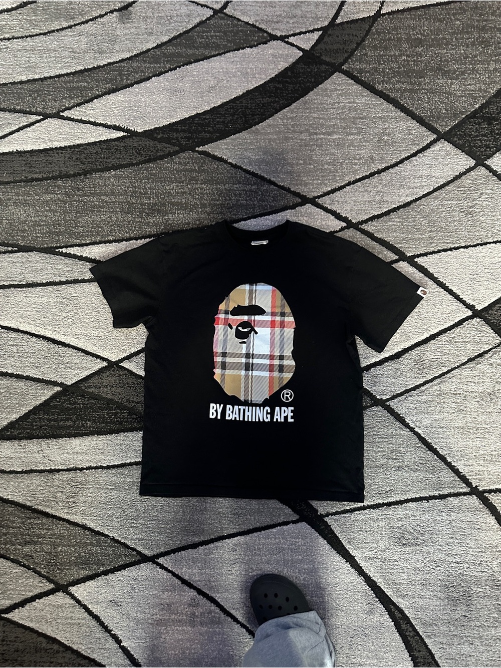 BAPE Kids' Black Logo Tee with Plaid Ape Graphic